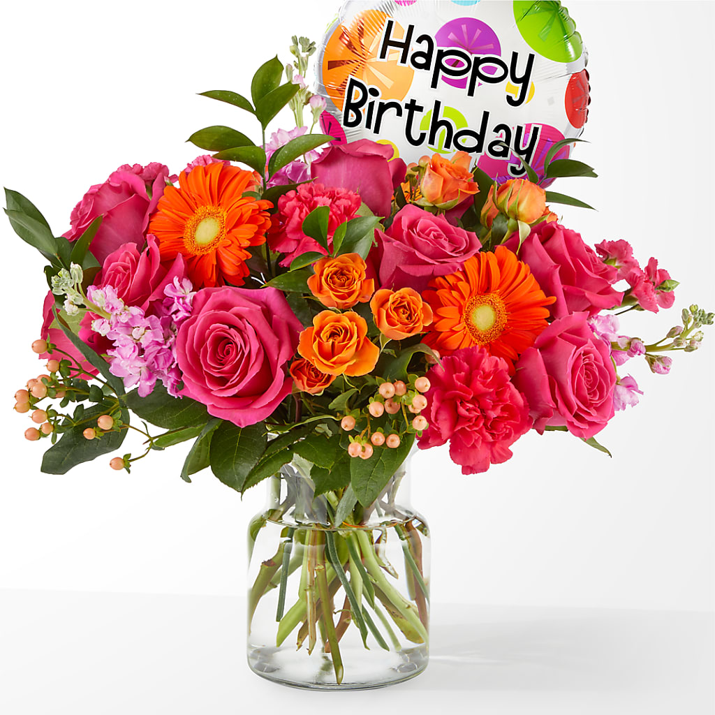 Fiesta Bouquet with Birthday Balloon – The Asheville Florist, Swannanoa NC