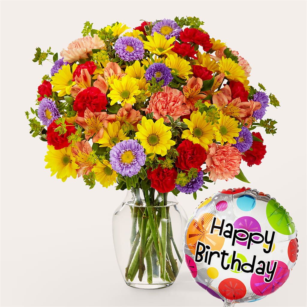 Kaleidoscope Bouquet with Birthday Balloon – The Asheville Florist, Swannanoa NC