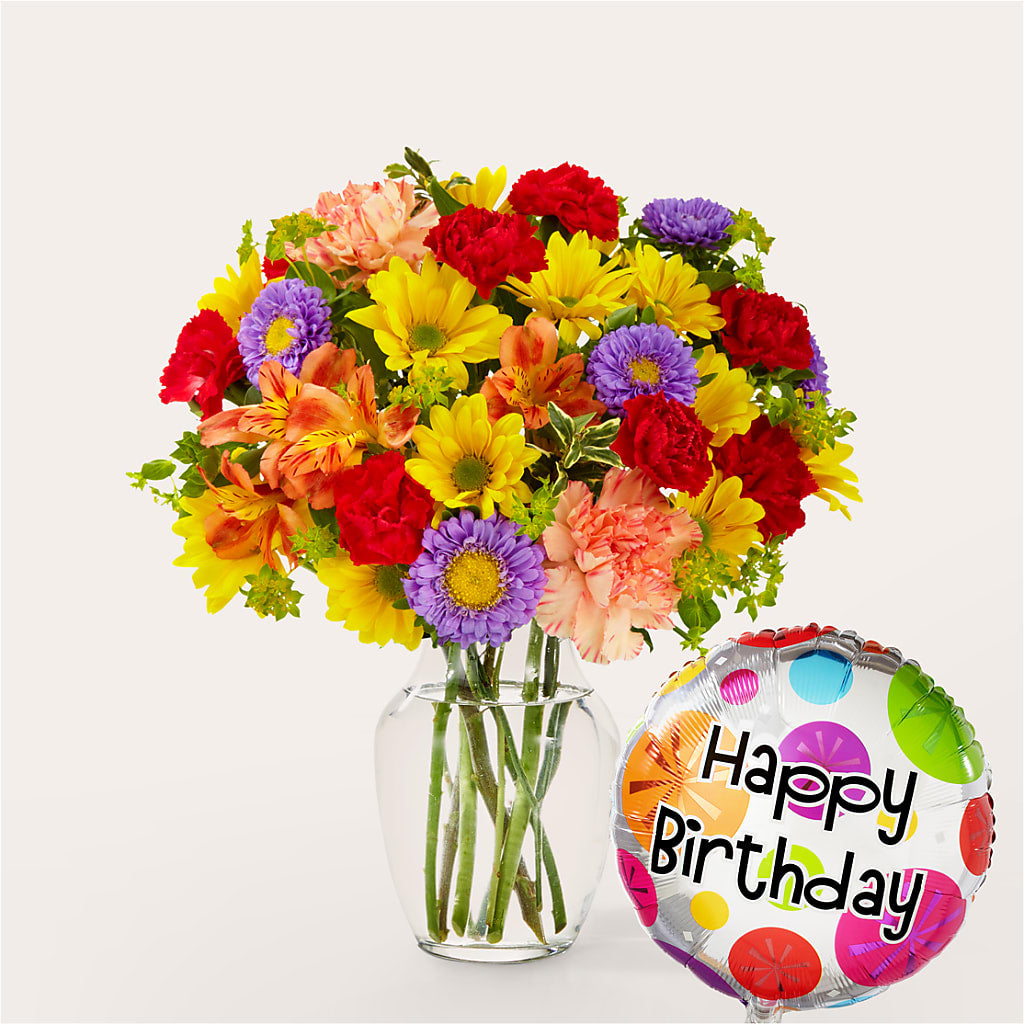 Kaleidoscope Bouquet with Birthday Balloon – The Asheville Florist, Swannanoa NC
