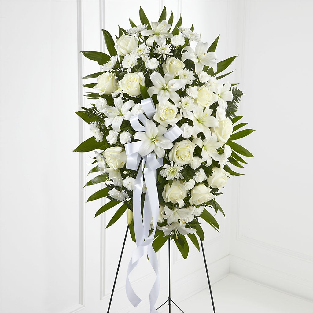 Exquisite Tribute Standing Spray-White Ribbon – The Asheville Florist, Swannanoa NC