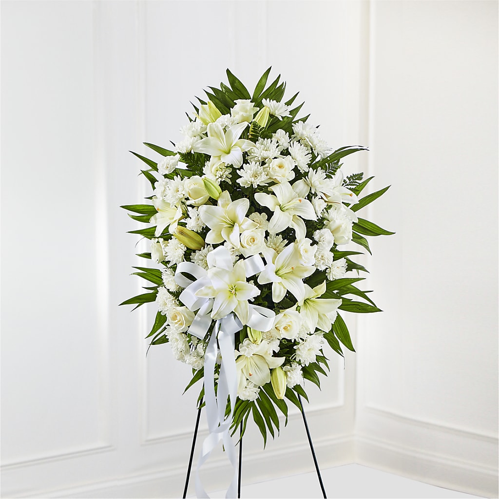 Exquisite Tribute Standing Spray-White Ribbon – The Asheville Florist, Swannanoa NC